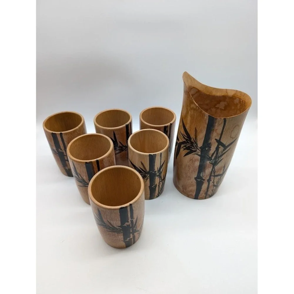7 Set Vtg Natural Bamboo Cups Pitcher Hand Painted Made in Japan MCM Bar Tiki
